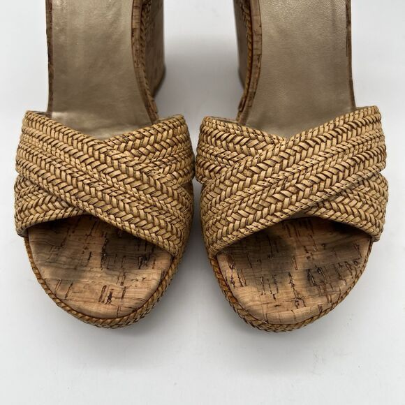 Stuart Weitzman Minx Tan Woven Leather Ankle Strap Cork Wedge Sandals Women’s 7 - Picture 9 of 16
